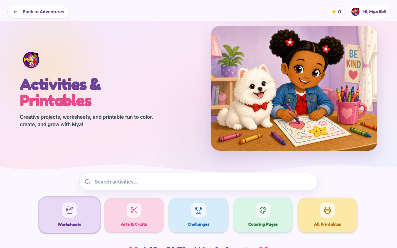 Activities in the Mya Kids Club portal