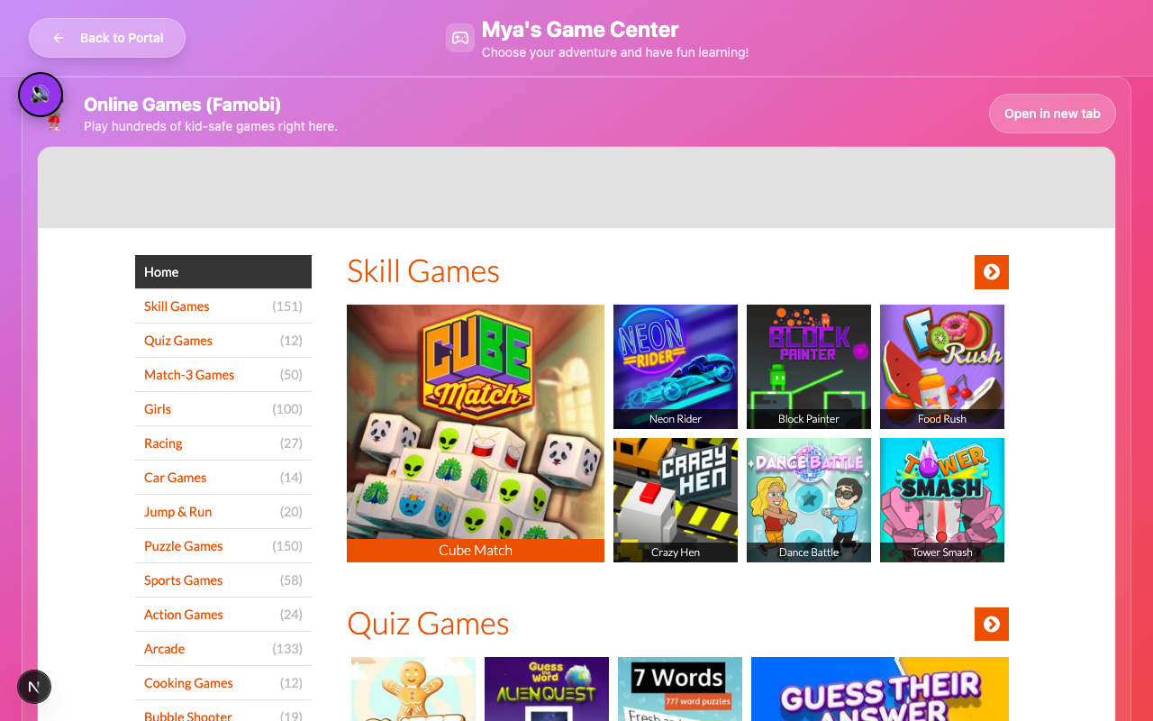 Learning Games in the Mya Kids Club portal