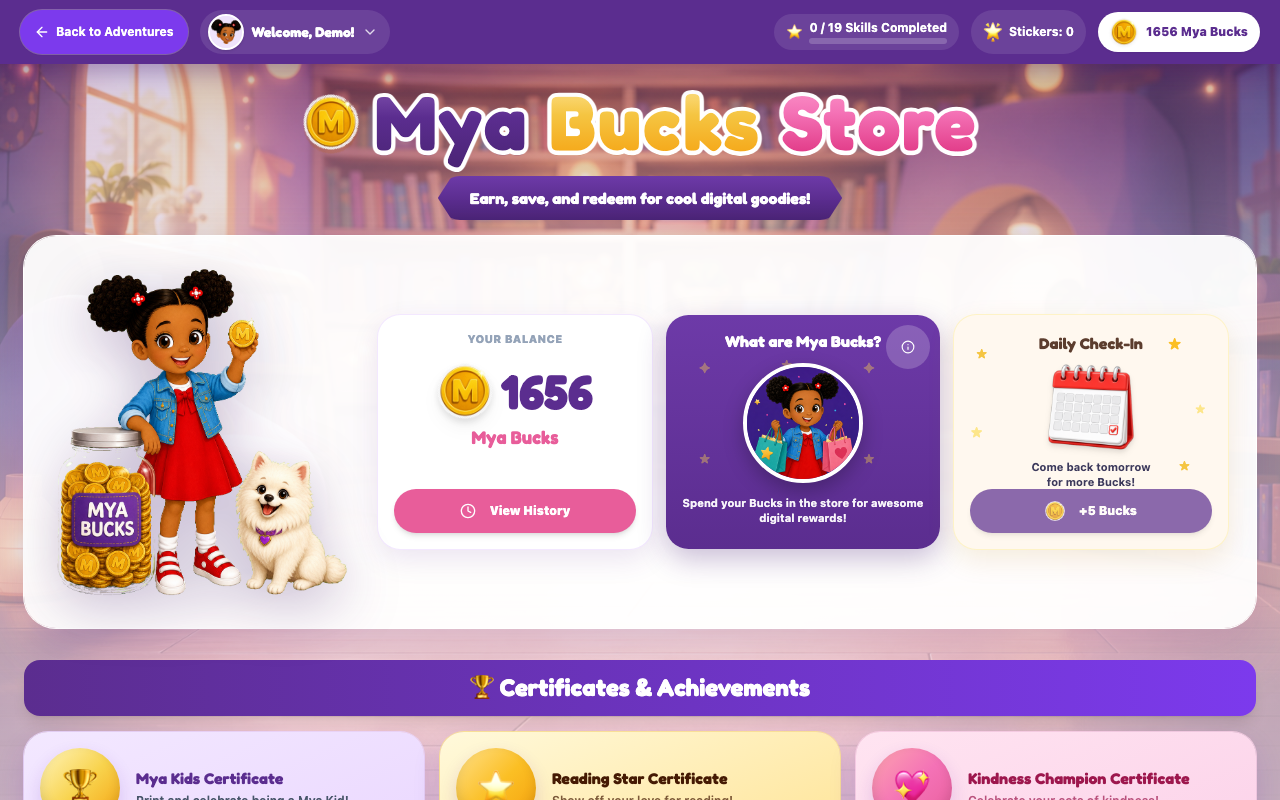 Rewards Store in the Mya Kids Club portal
