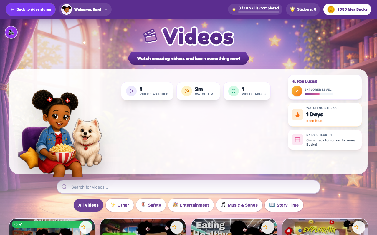 Videos in the Mya Kids Club portal