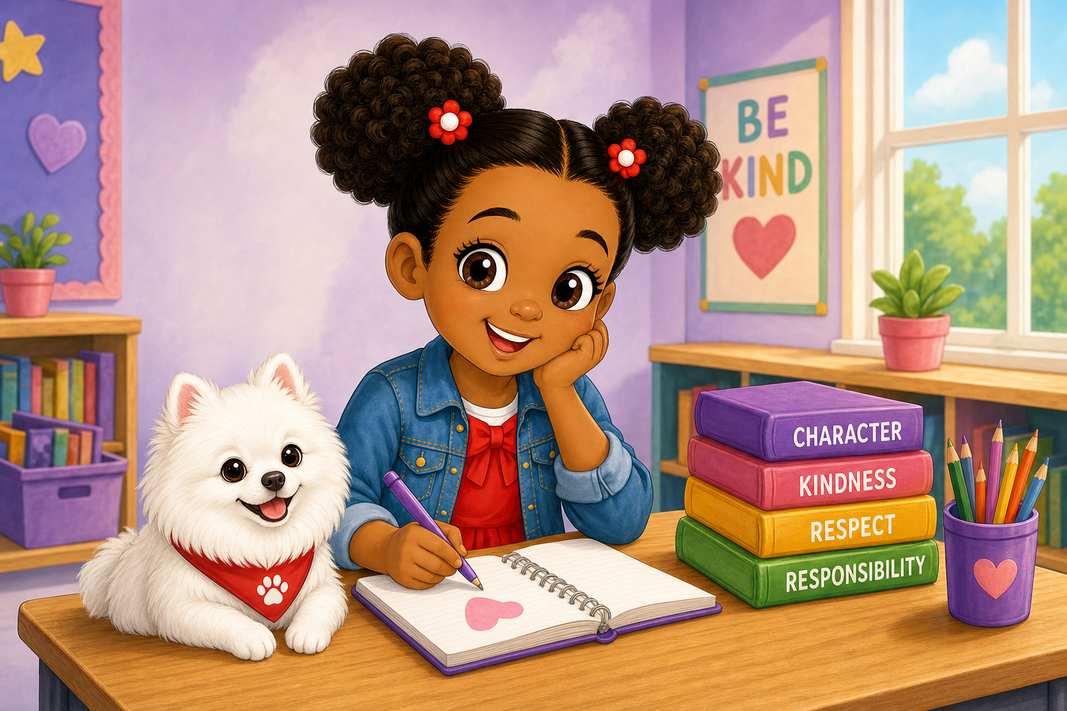 Mya writing at her desk with Pom Pom and character education books
