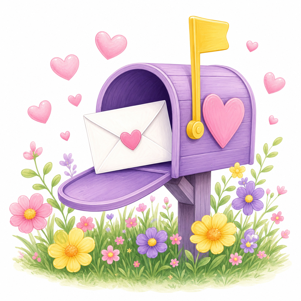 Purple mailbox with a letter and flowers